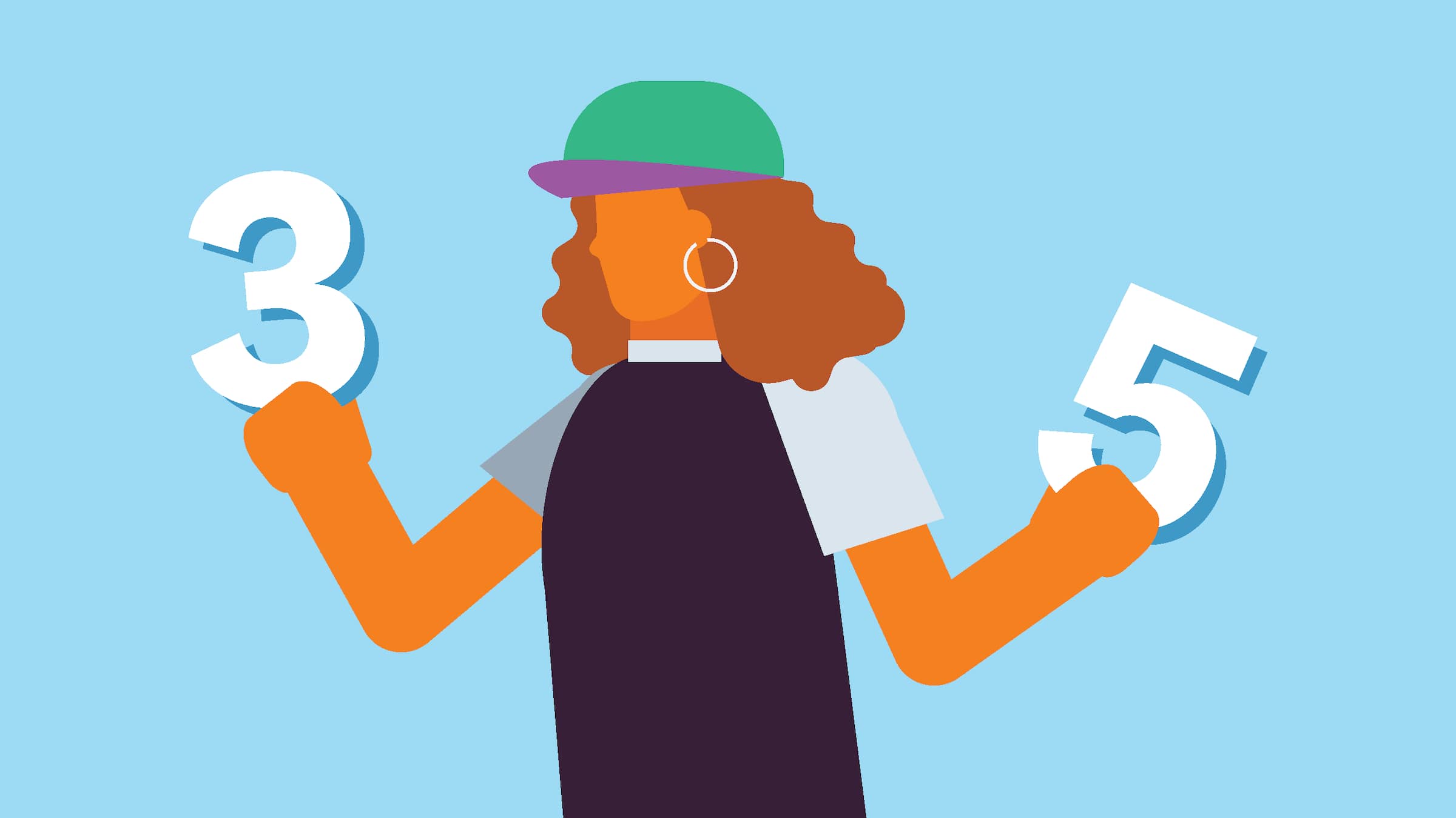 A person holding up a number 3 and a number 5