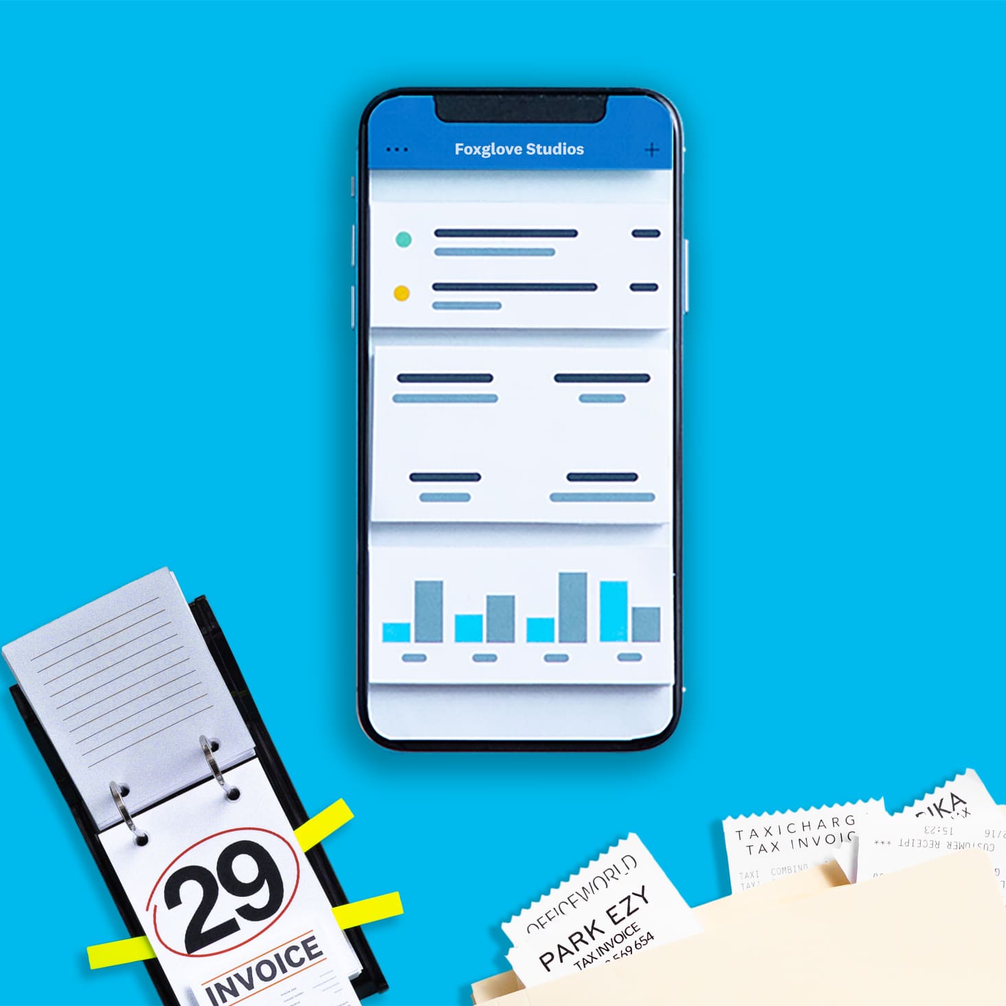 The Xero Accounting app on a phone showing expense data captured from paper receipts, clearly listed and tracked.