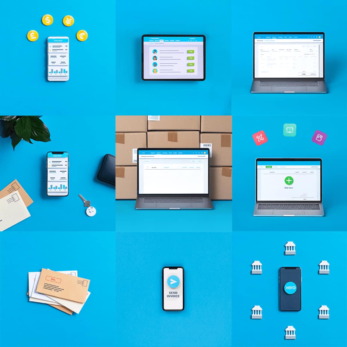 A collage of pictures of Xero being used on a desktop and mobile, for people looking to choose between Xero vs Freshbooks.