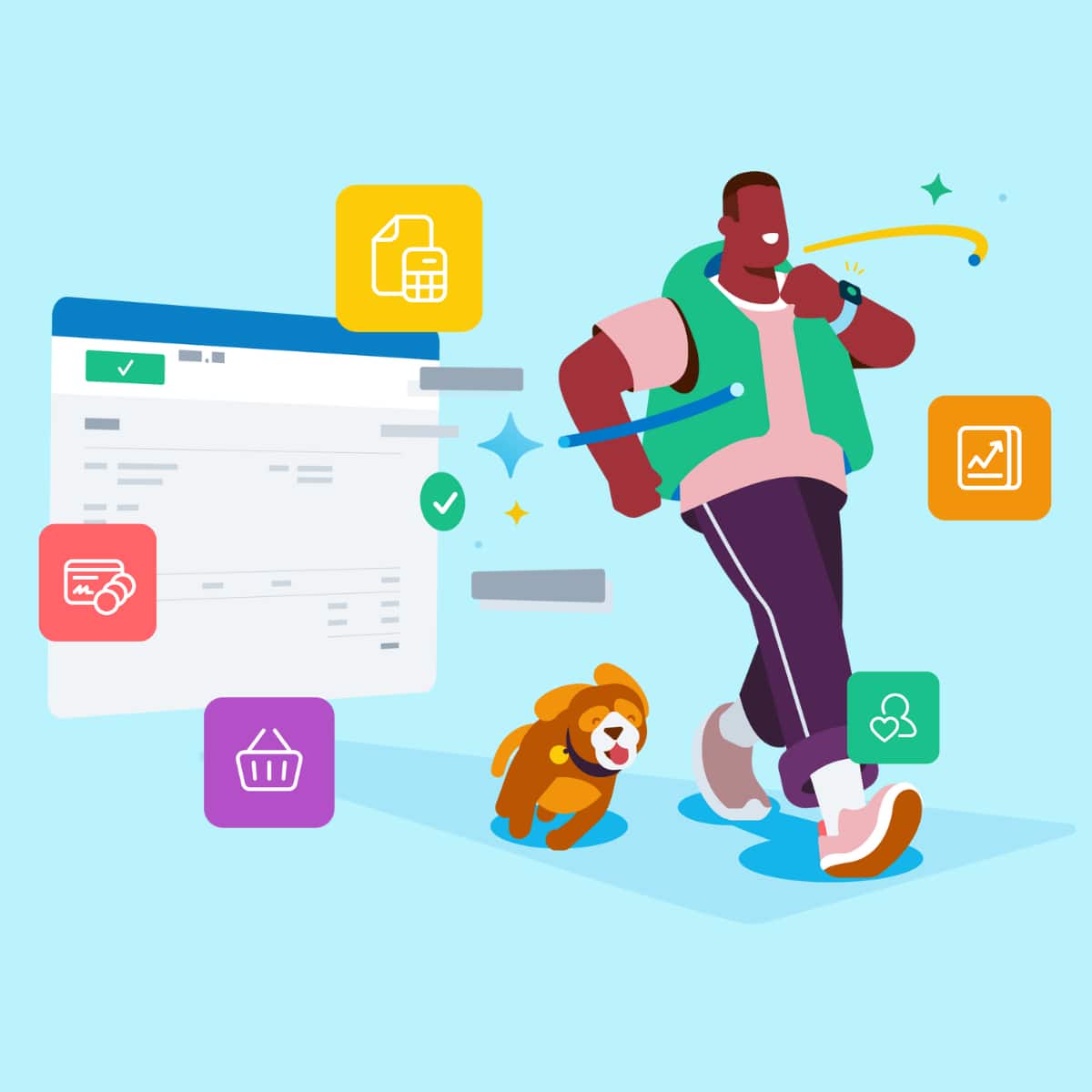 Person walking with a dog and icons surrounding them featured in the Xero Accounting app.