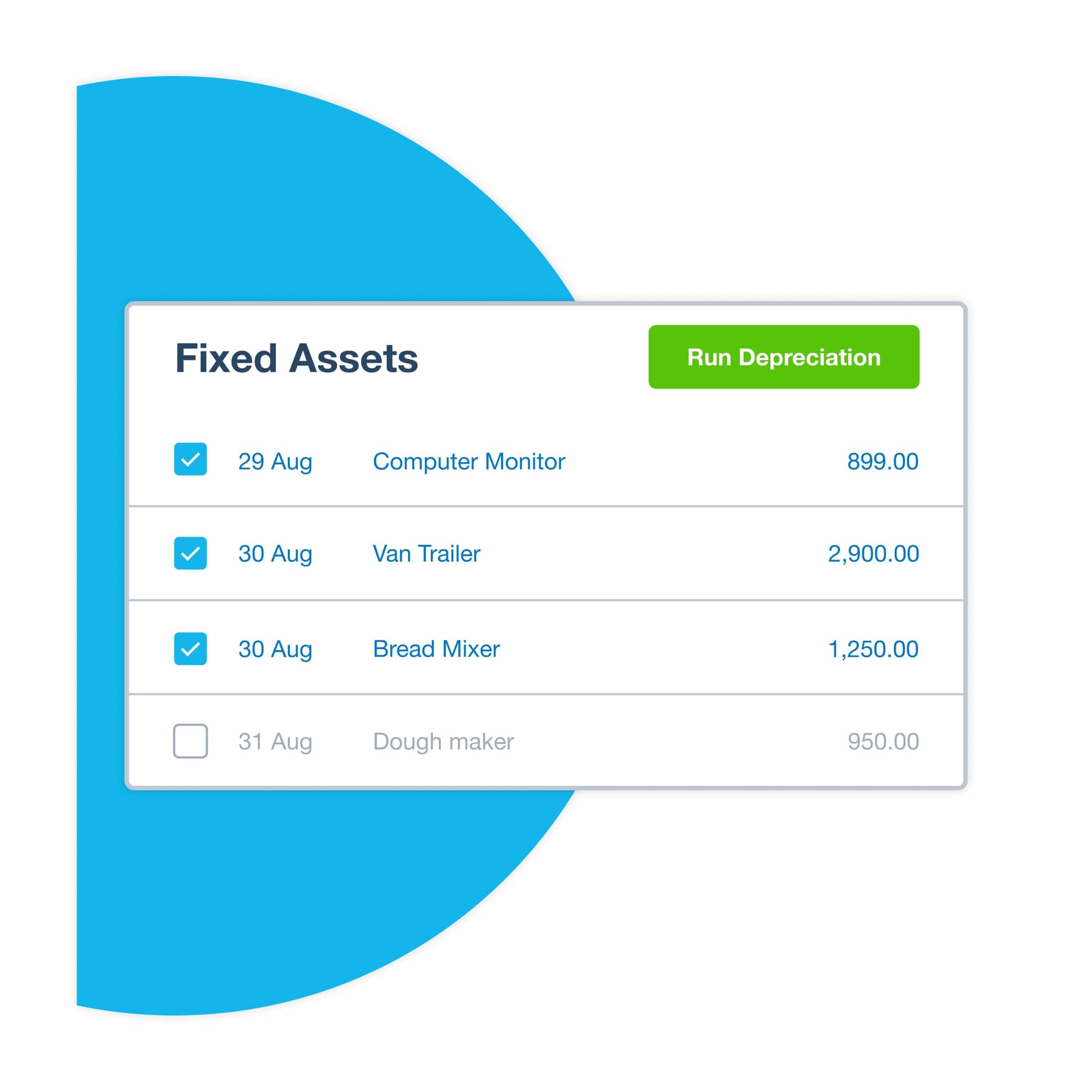 A list of fixed assets features a Run Depreciation button.