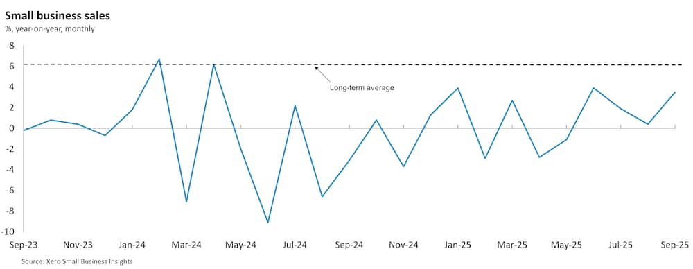  Chart showing New Zealand small business sales between September 2023 and September 2025.