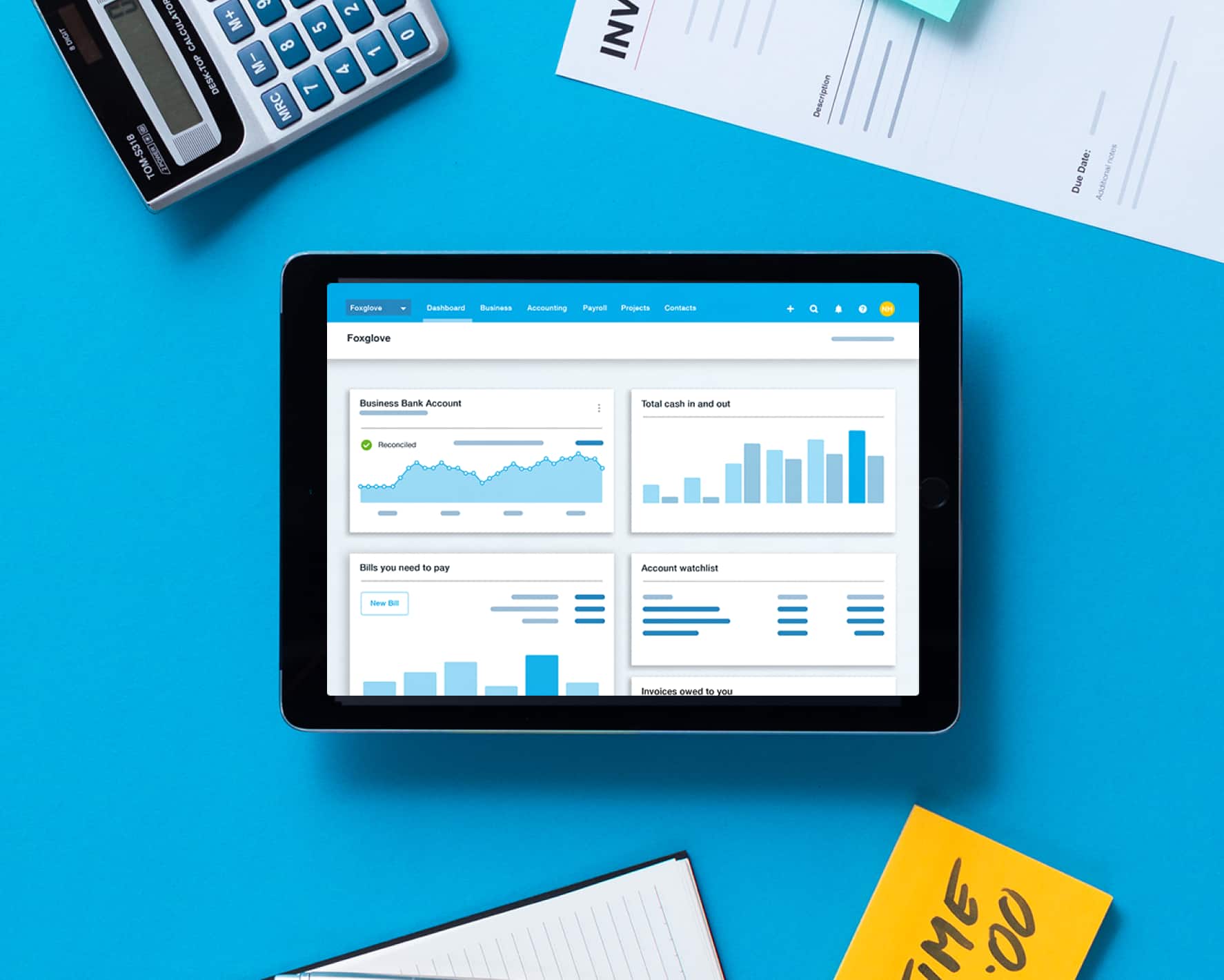 A tablet showing the Xero dashboard, so it can be seen as a beautiful Sage alternative.
