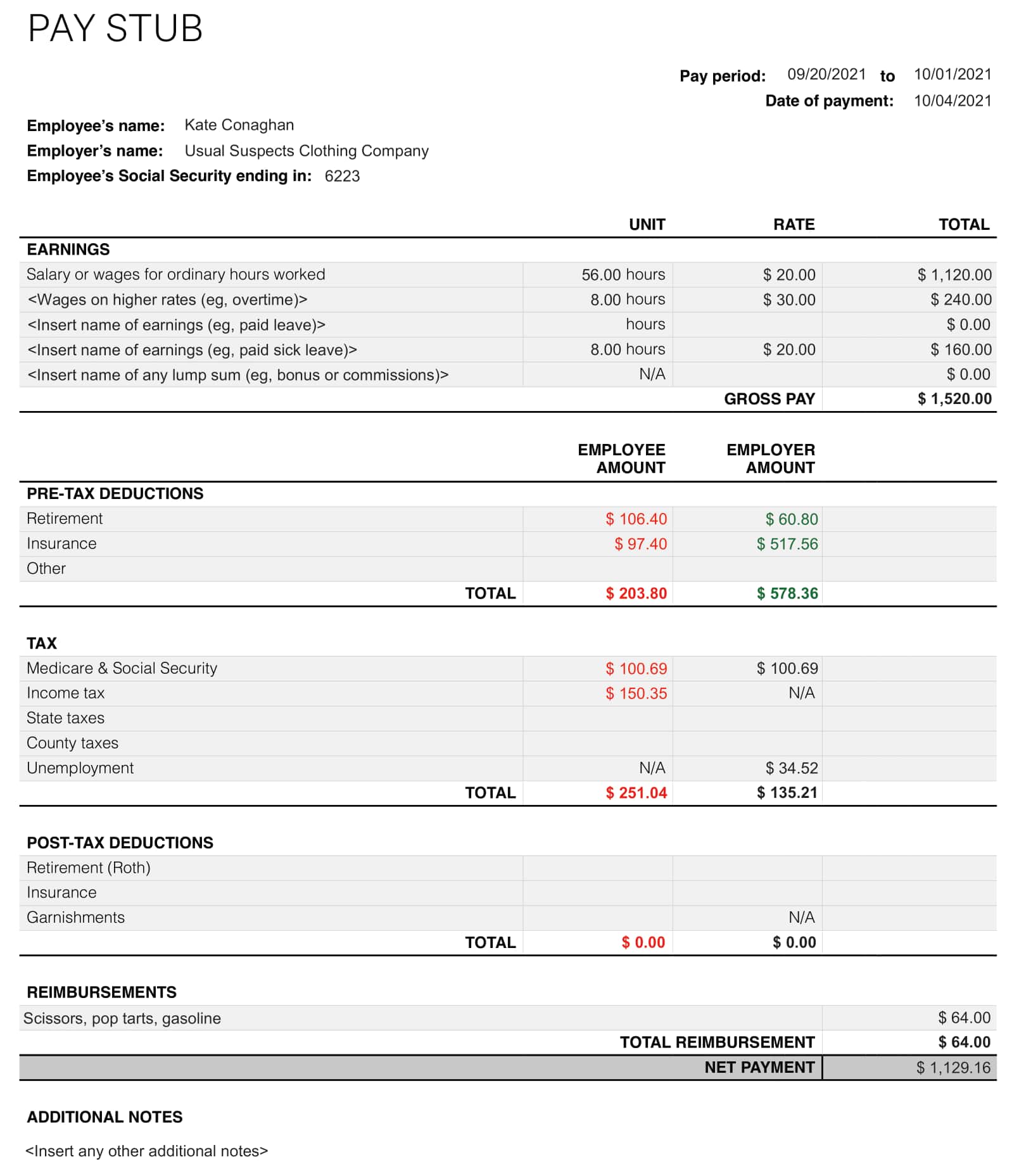 Example of Xero’s paycheck stub generator shows details of an employee’s gross wages, taxes, deductions, and take-home wages.