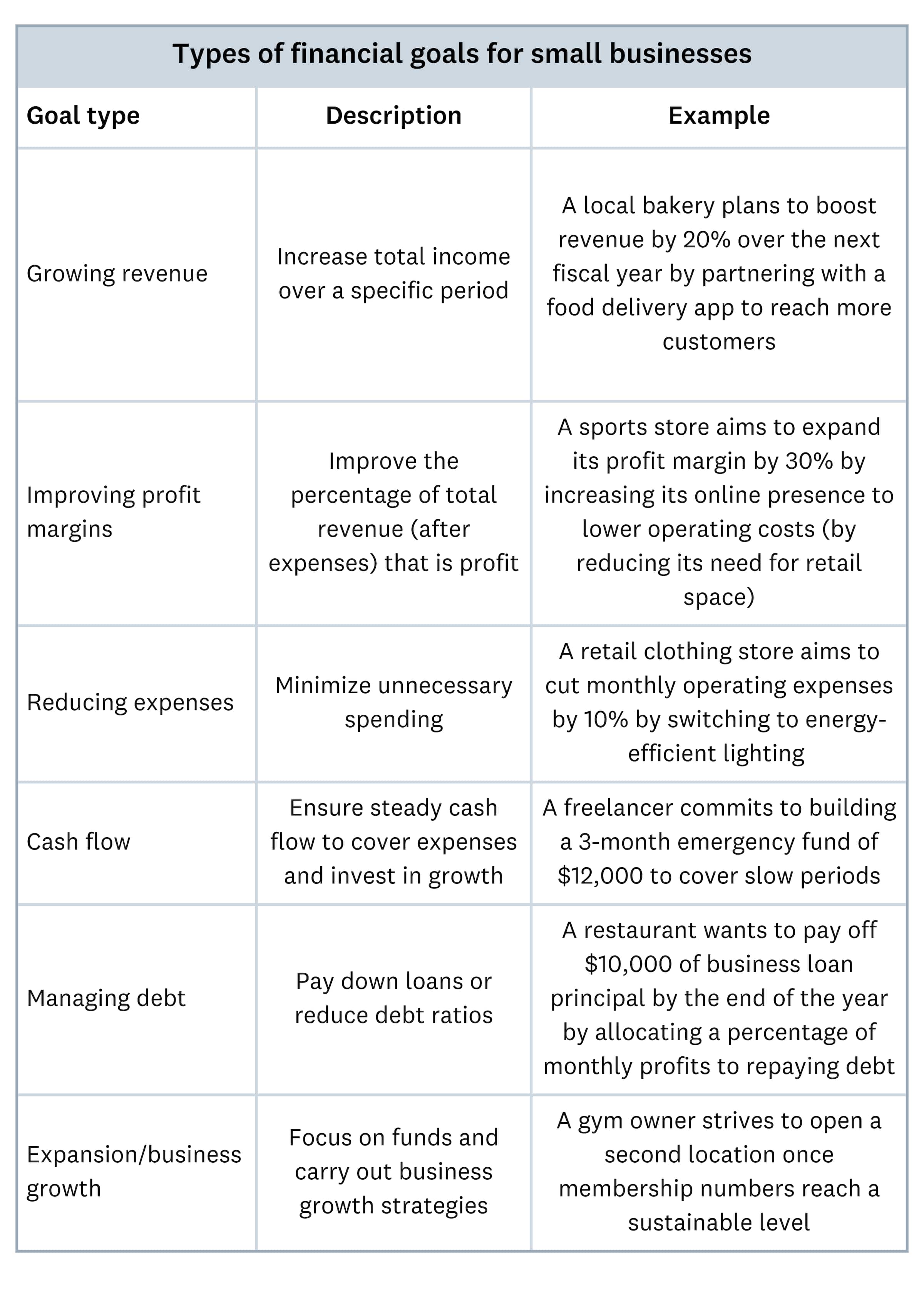 A table detailing the types of financial goals for small businesses