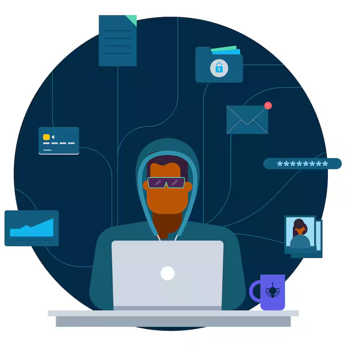 A hooded figure using a laptop, surrounded by icons like a locked folder, email, password, and credit card