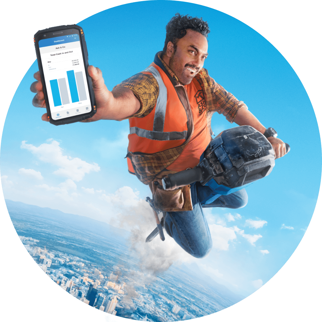 A builder zooms skyward on his jackhammer as he shows the cash flow dashboard on his Xero payroll software. 