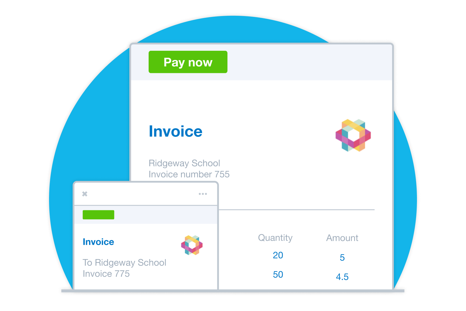 A Xero invoice displays on a phone and a laptop with a prominent Pay now button for accepting online payments.