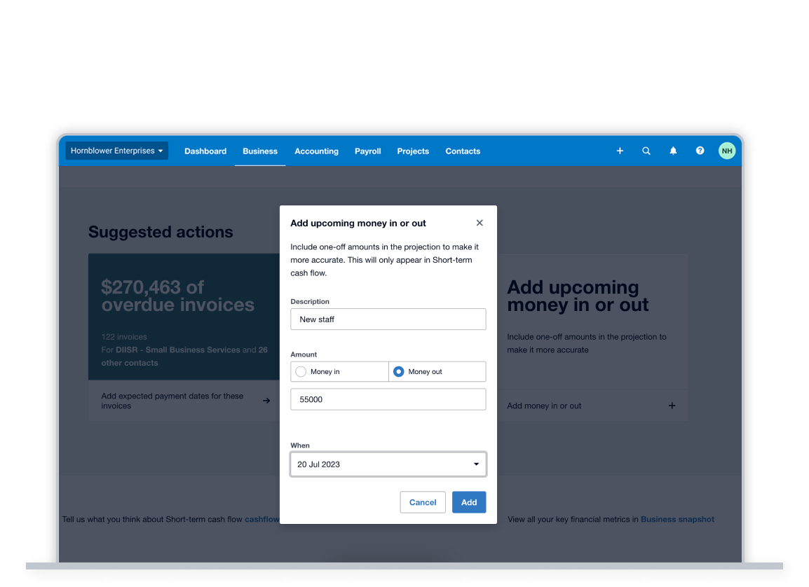 A business manages its cash flow by adding a projected one-off future expense in the ‘Add upcoming money in or out’ screen.