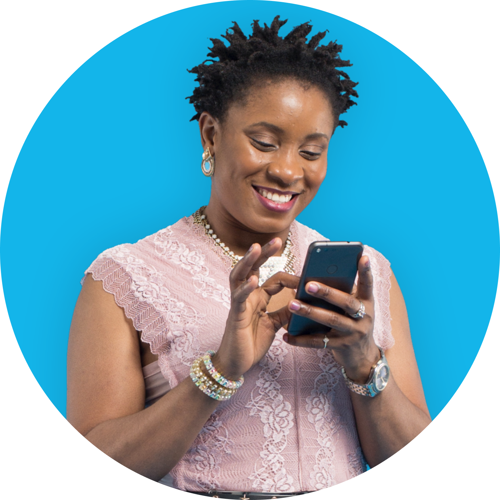 Woman looking at her phone smiling