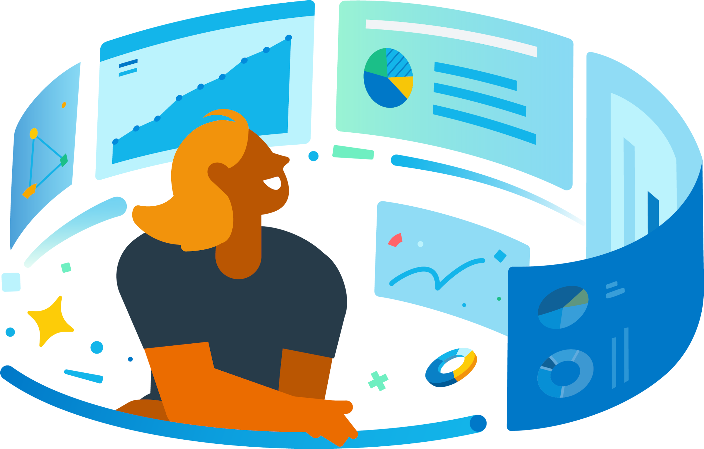 Illustration of a person sitting at a desk looking at various graphs.