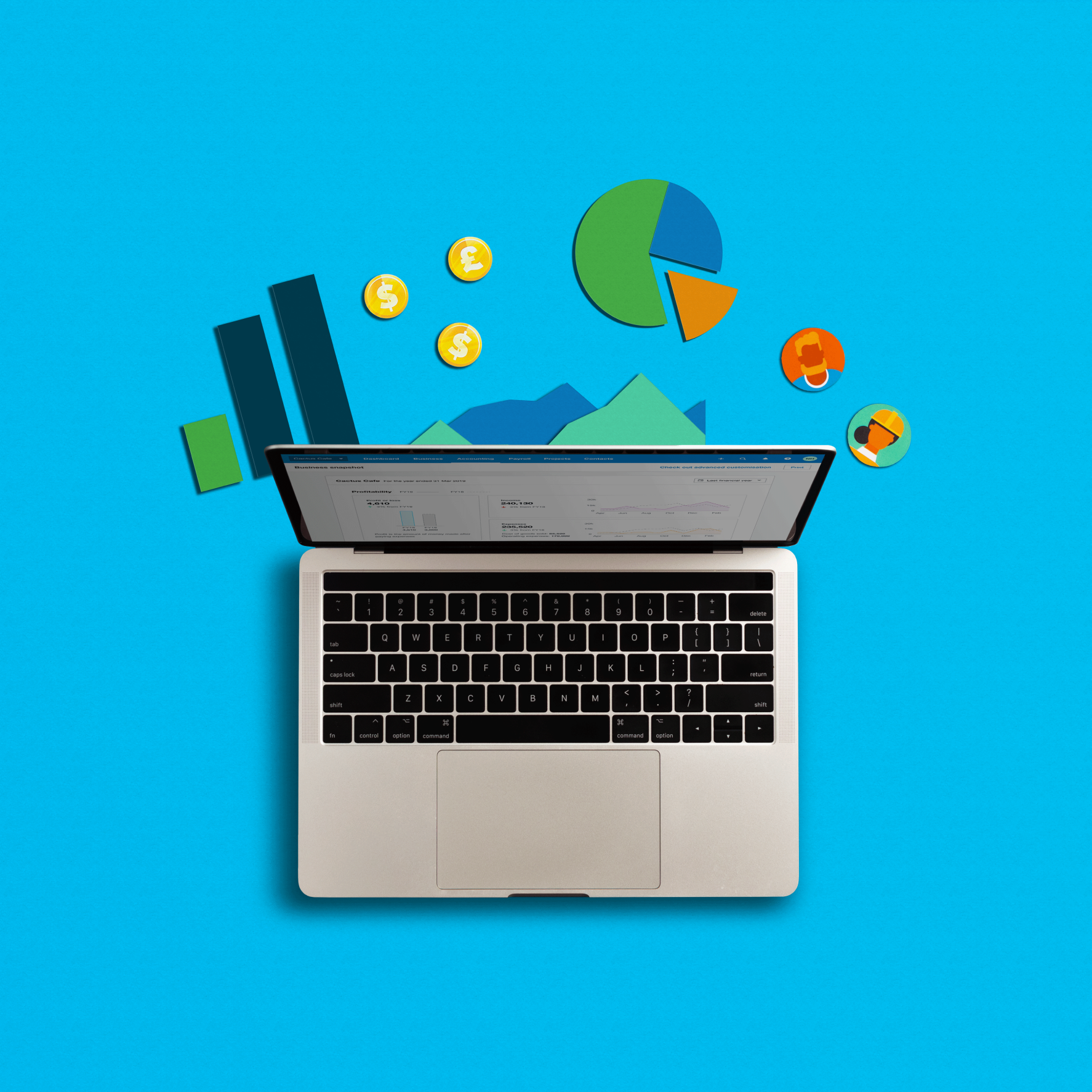 Graphs, charts, and icons represent Xero analytics software on a laptop.