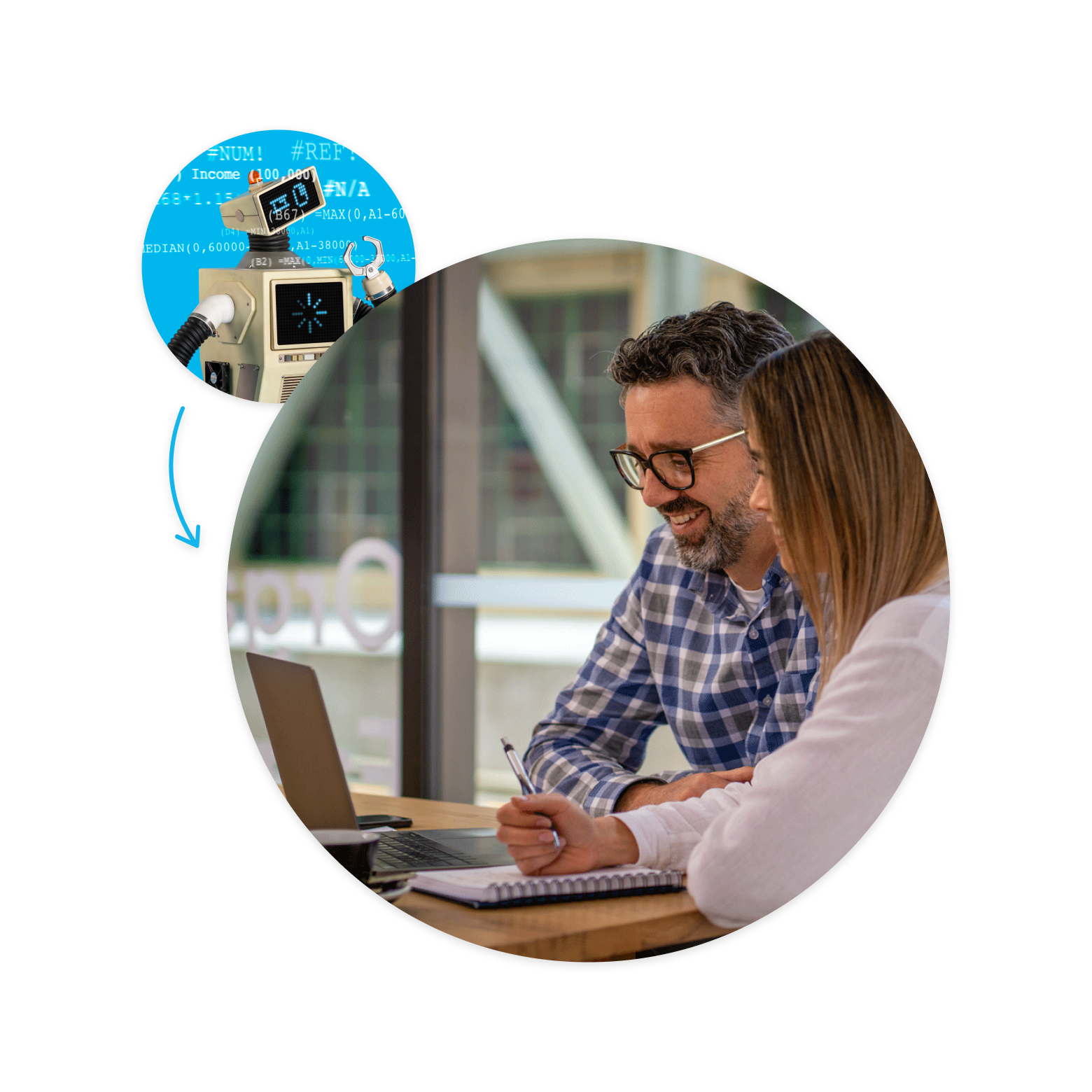 Two small business owners smile as they use financial analysis software.