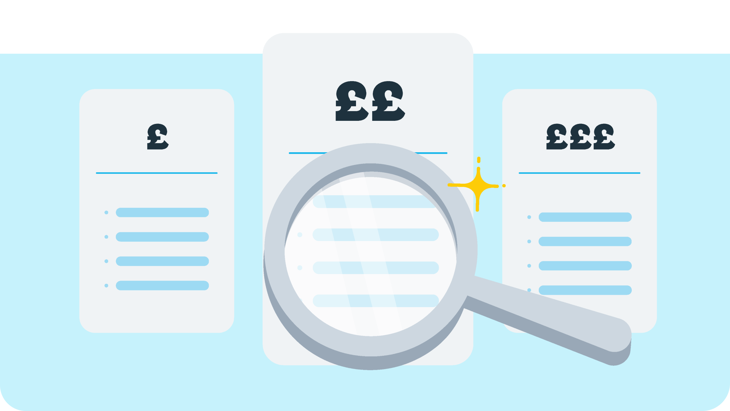 A magnifying glass inspecting three paper receipts.