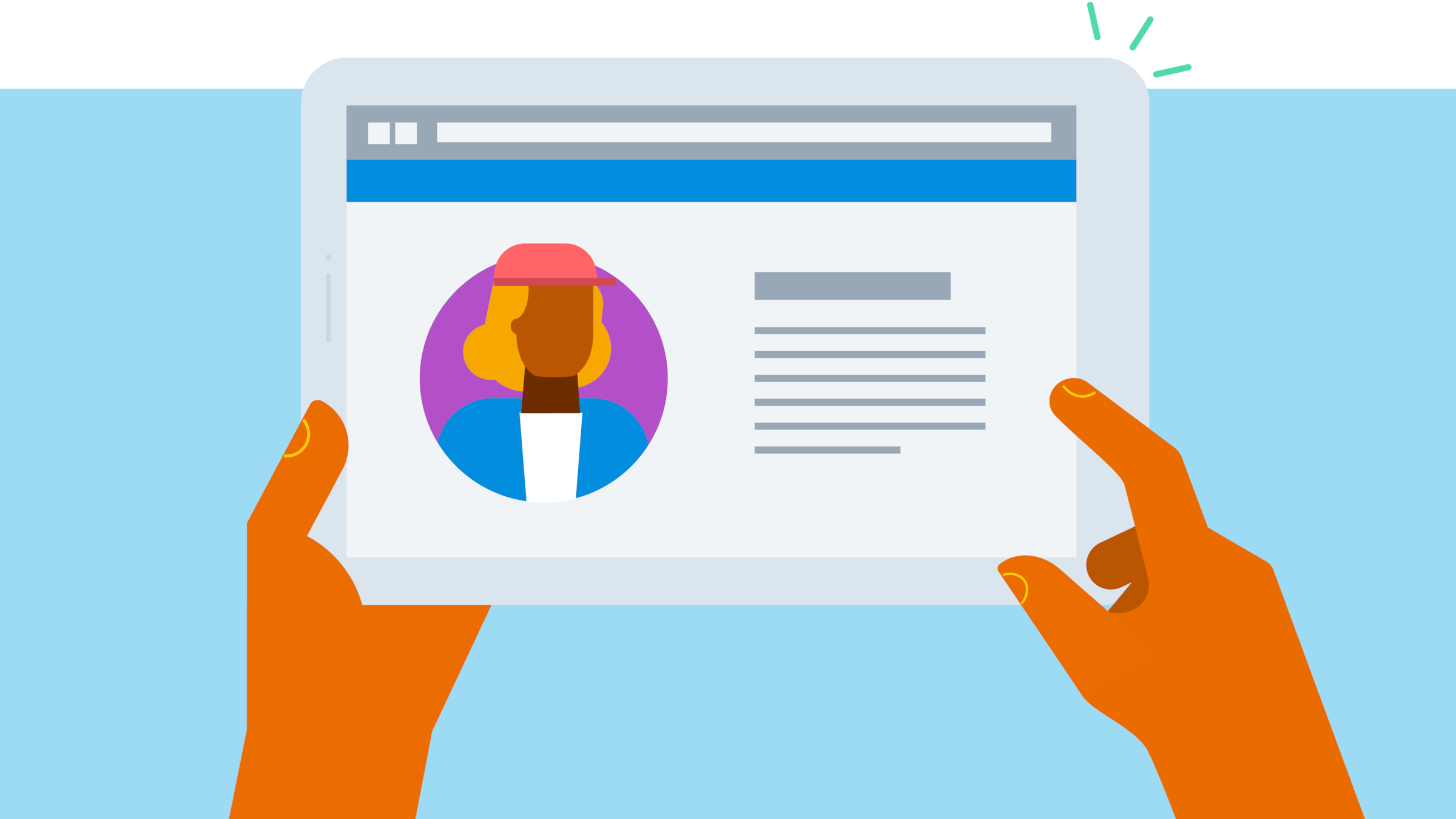 Cartoon hands hold a tablet.