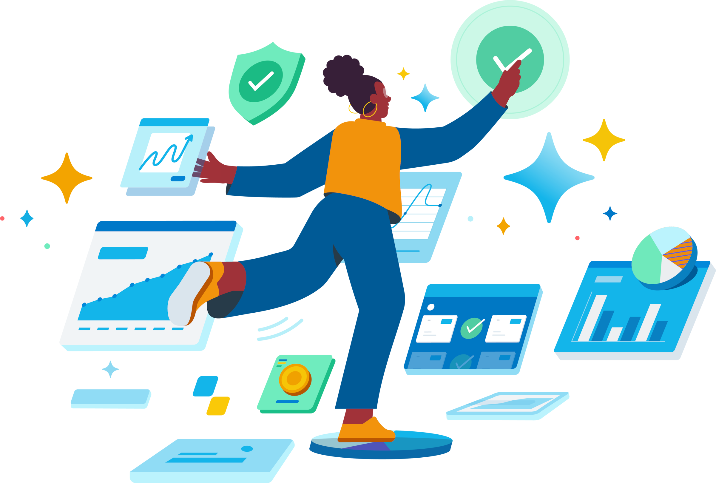 An illustration of a woman surrounded by graphs.