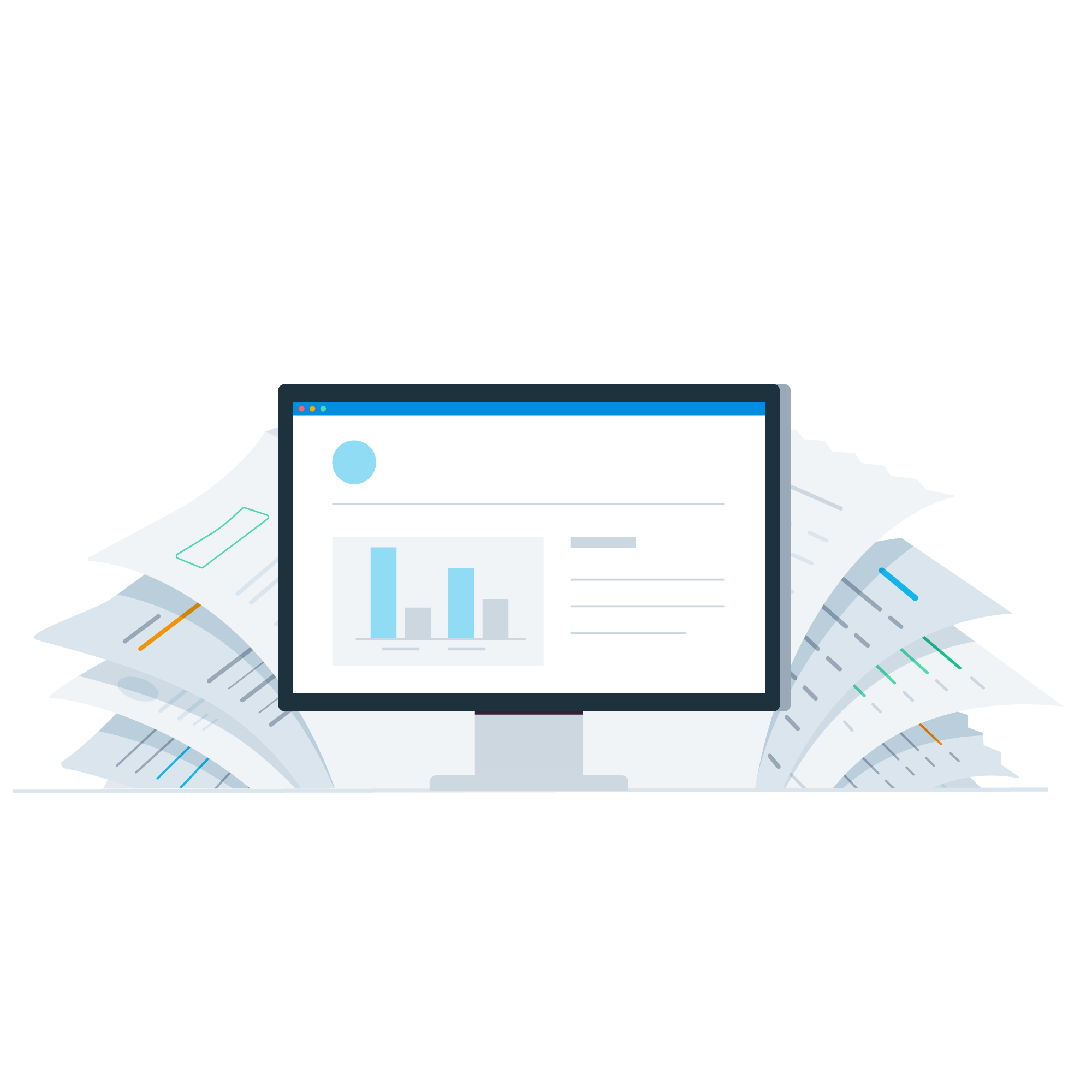 A laptop shows an accounting dashboard with files in the background