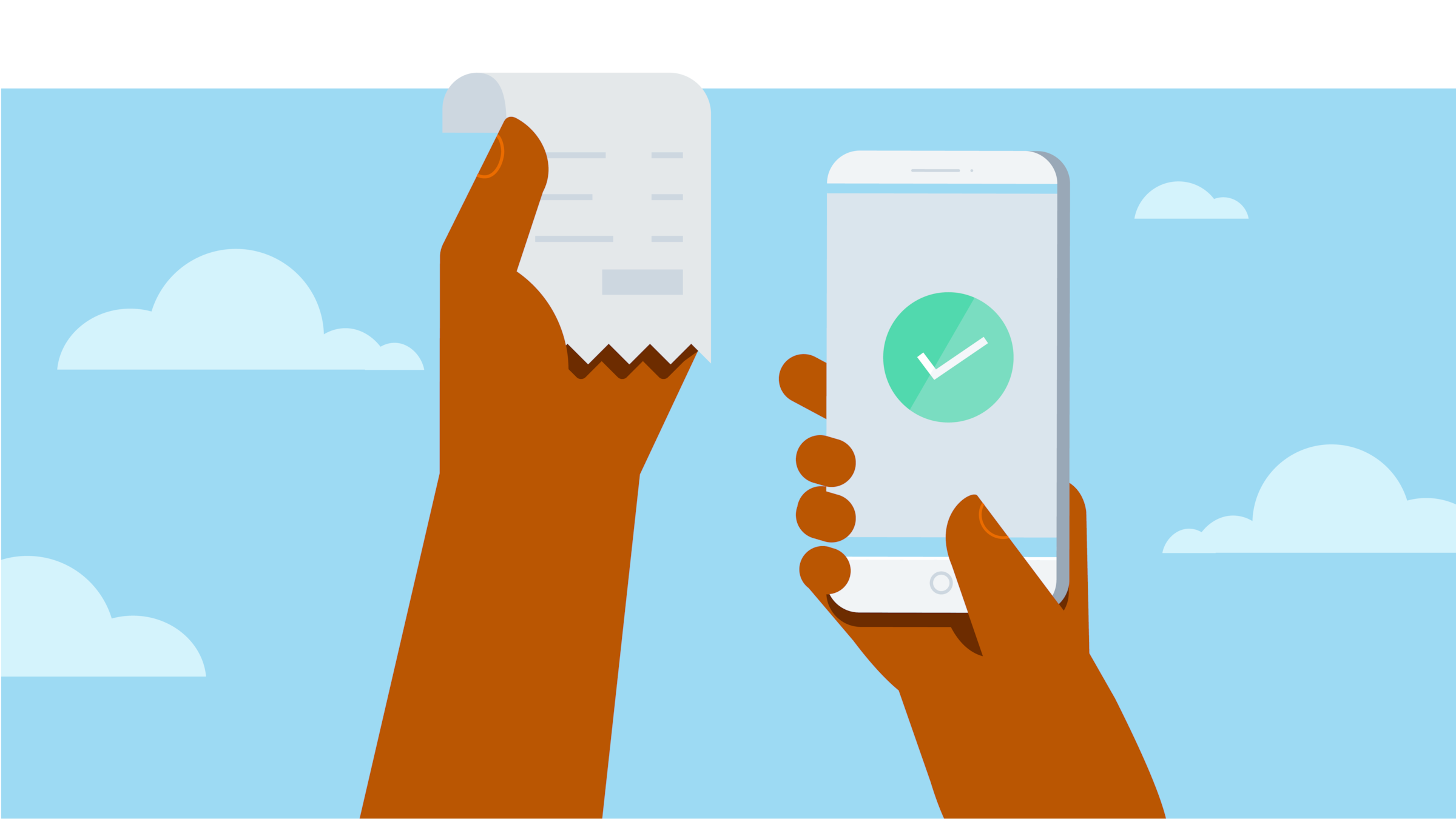 An illustration of a person's hand scanning receipts with Xero's expense tracker app