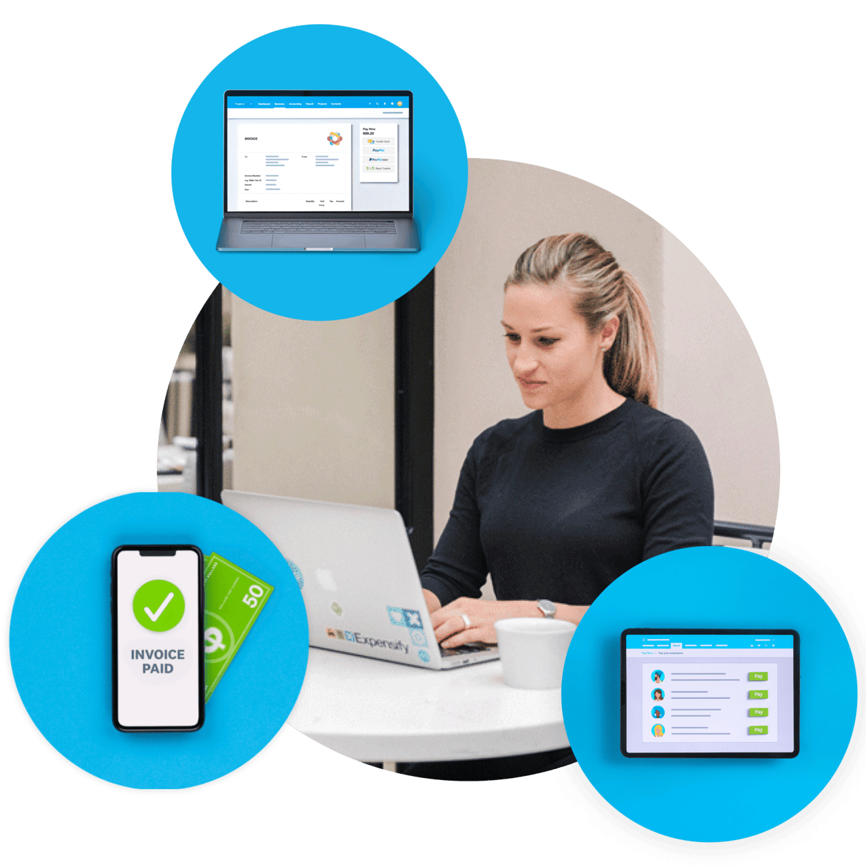 A business owner uses the Xero accounting system on her Mac, plus her iPhone and iPad.