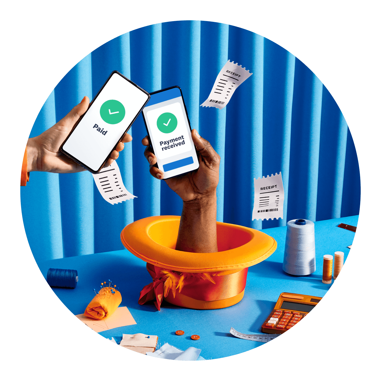 A milliners workbench with a customer paying for a hat using Tap to Pay.