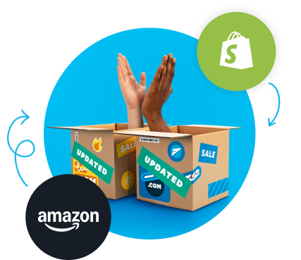  Hands emerge from two open cardboard boxes that contained purchases made via Amazon and Shopify.