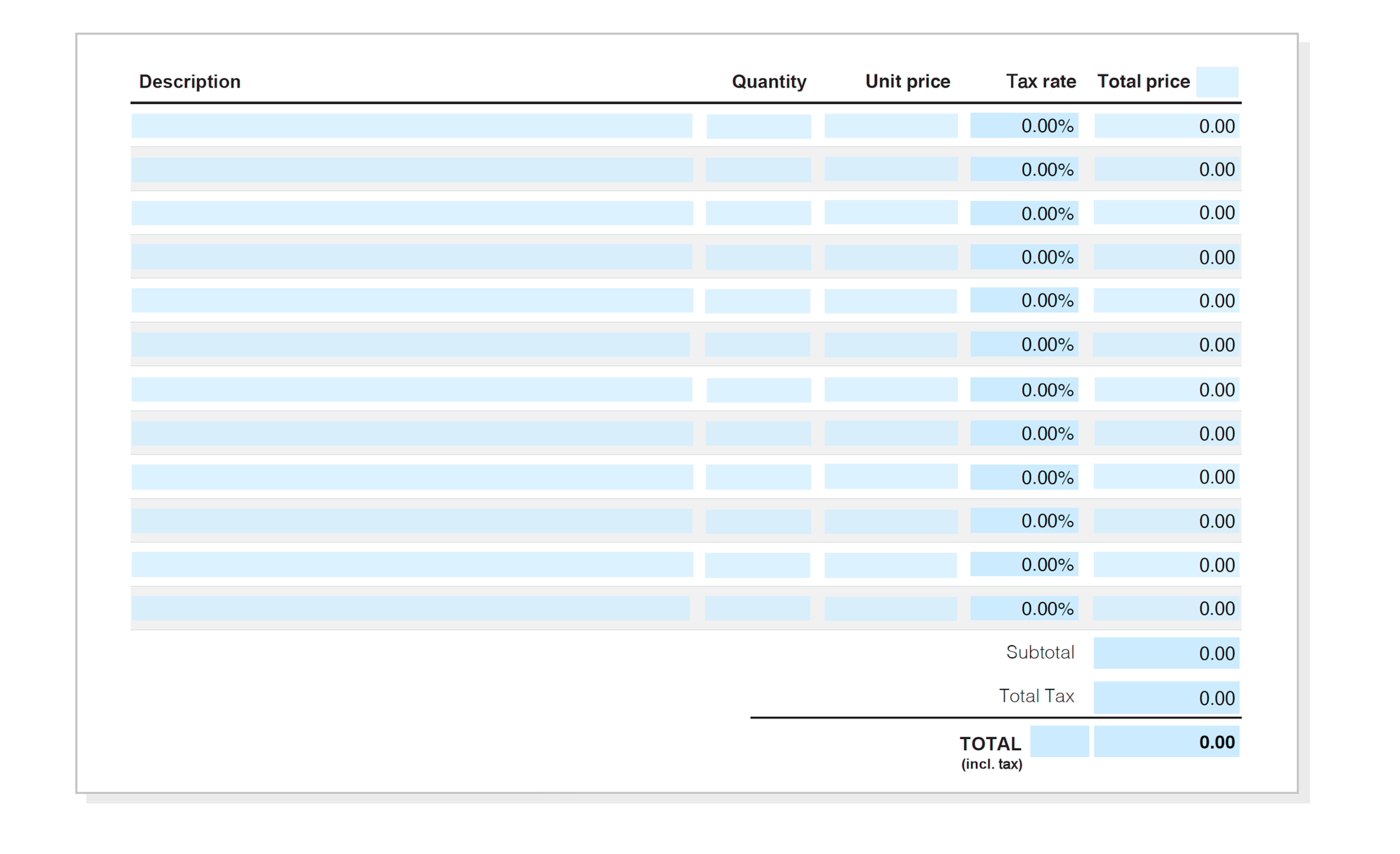 Middle section of a freelance invoice for details of the goods sold, quantities, prices and any tax rate.