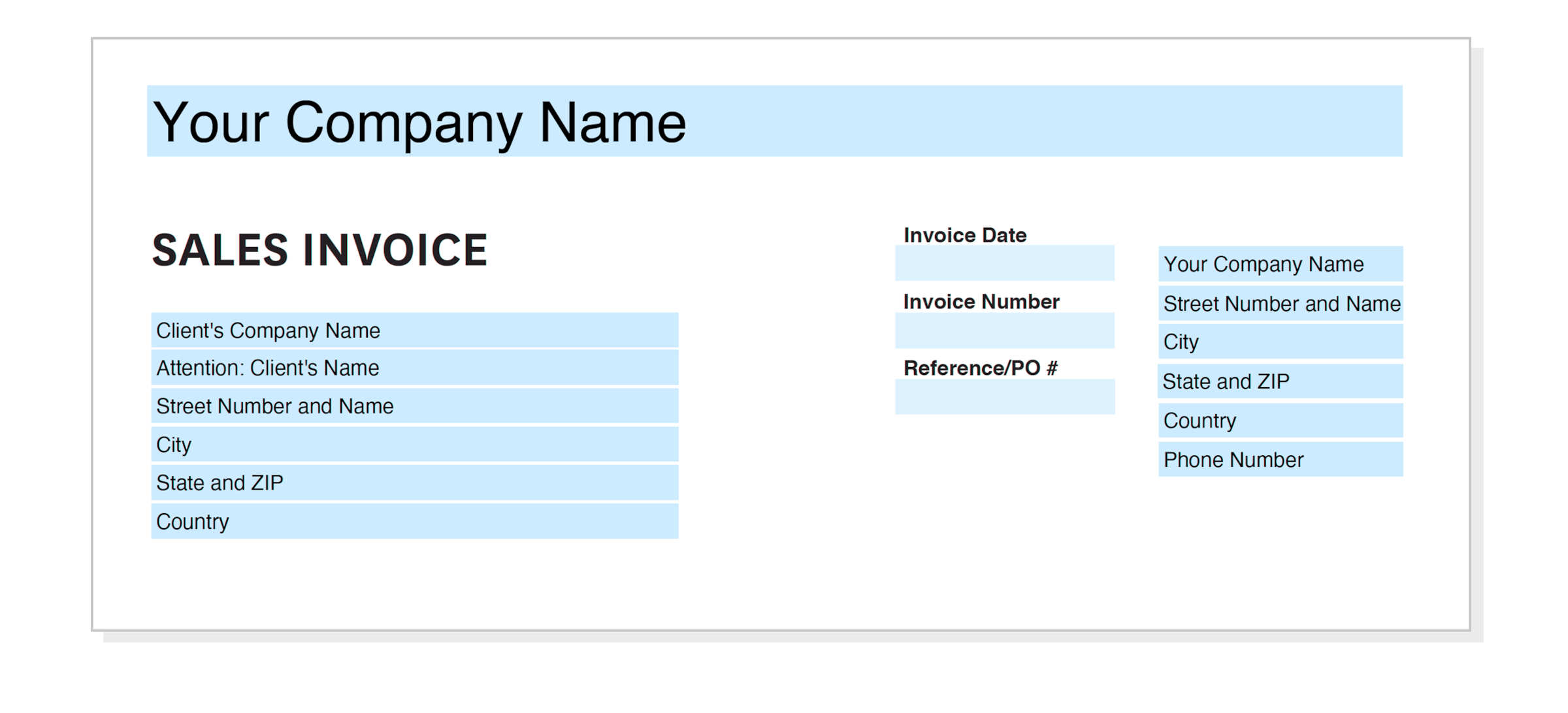 Top section of a freelance invoice where supplier and customer’s details are entered.