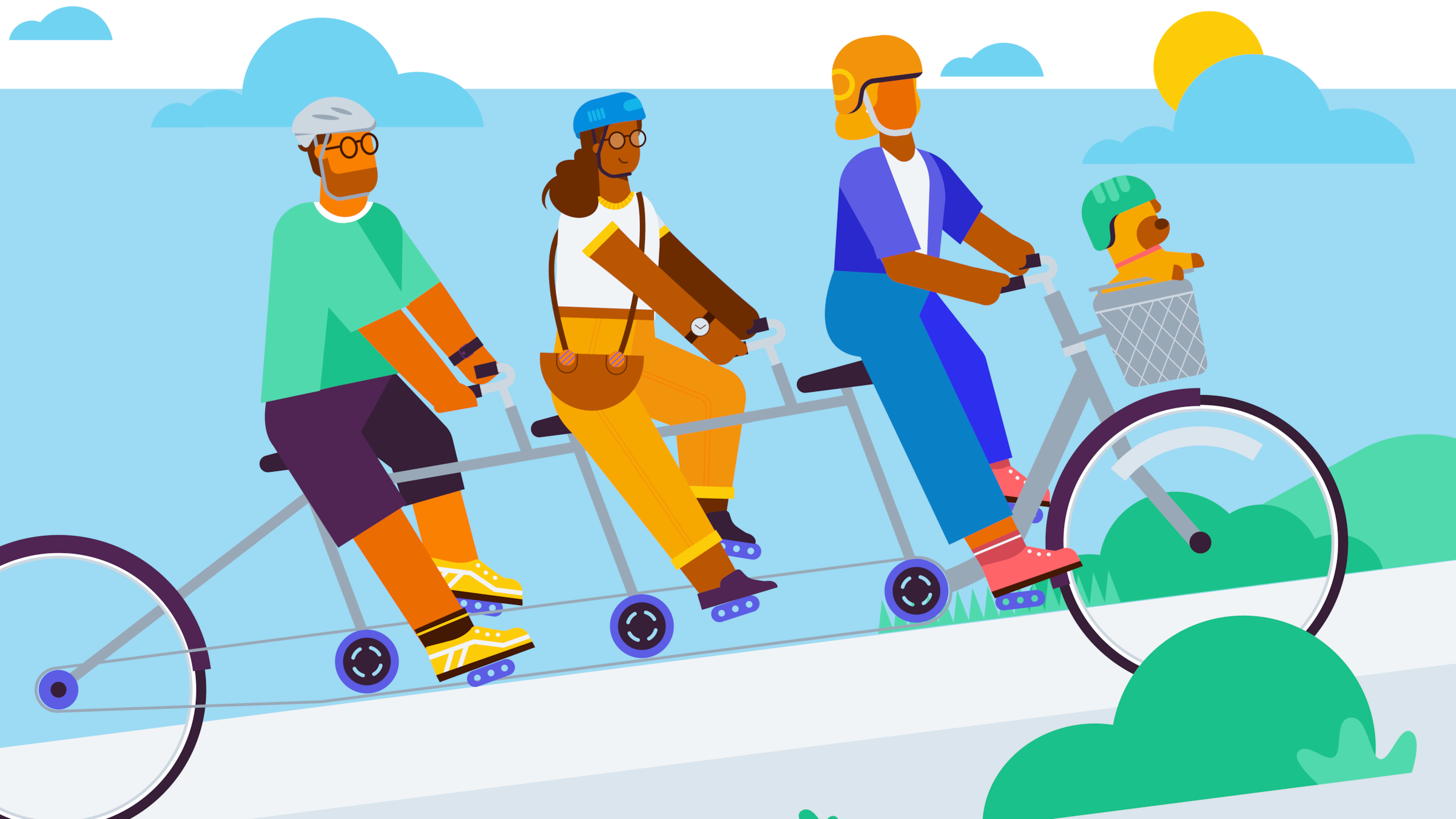 A small business team riding a tandem bicycle together