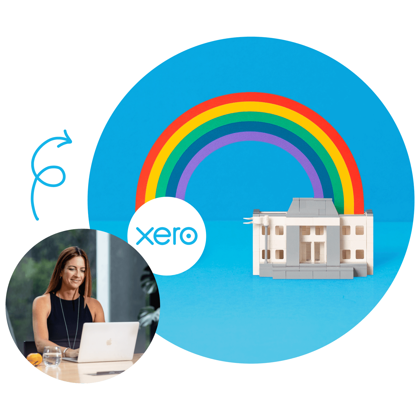 Woman smiling at laptop with Xero logo, rainbow, and small white building on blue background.