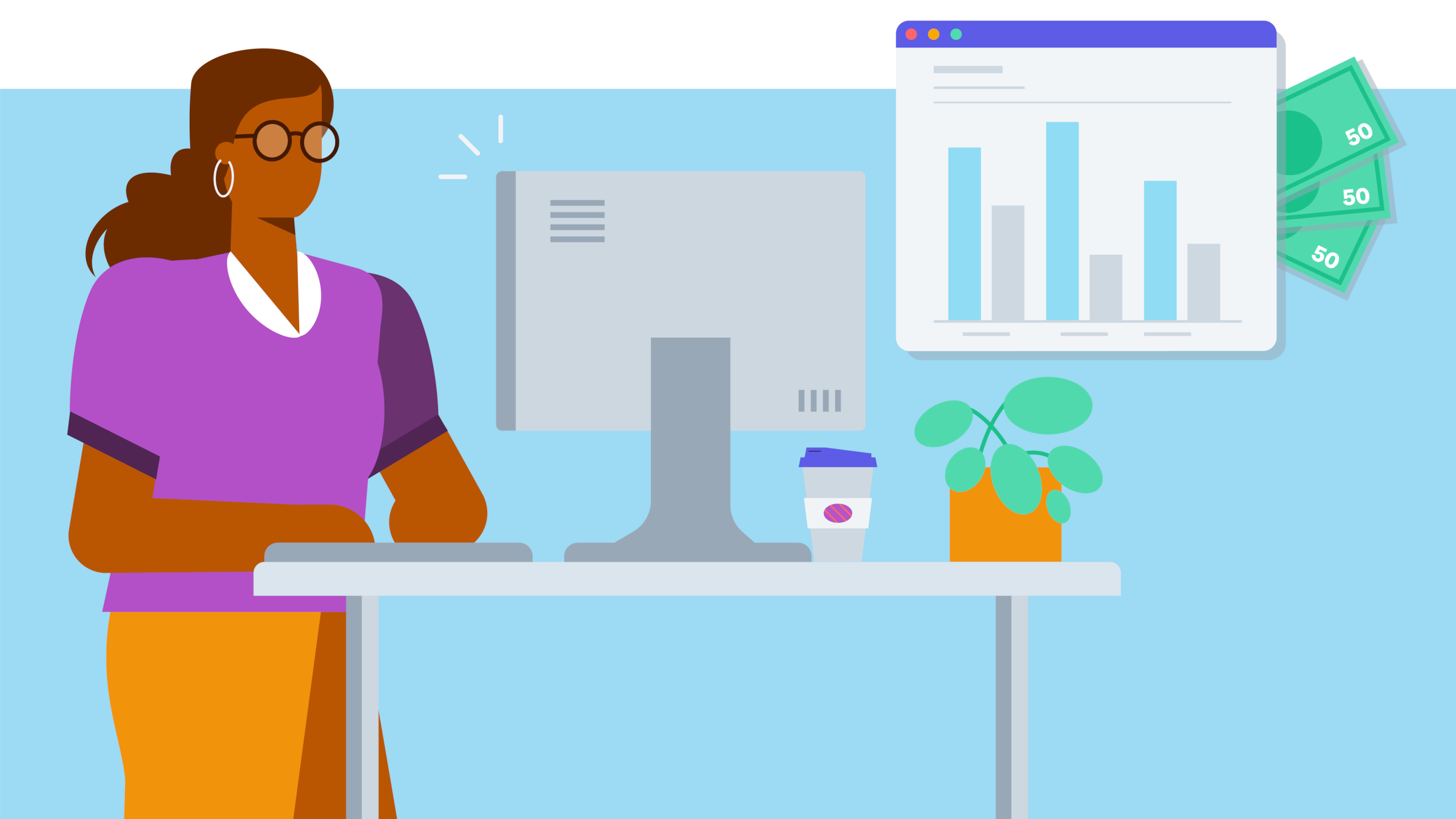 A small business owner working out their current ratio at a desktop computer