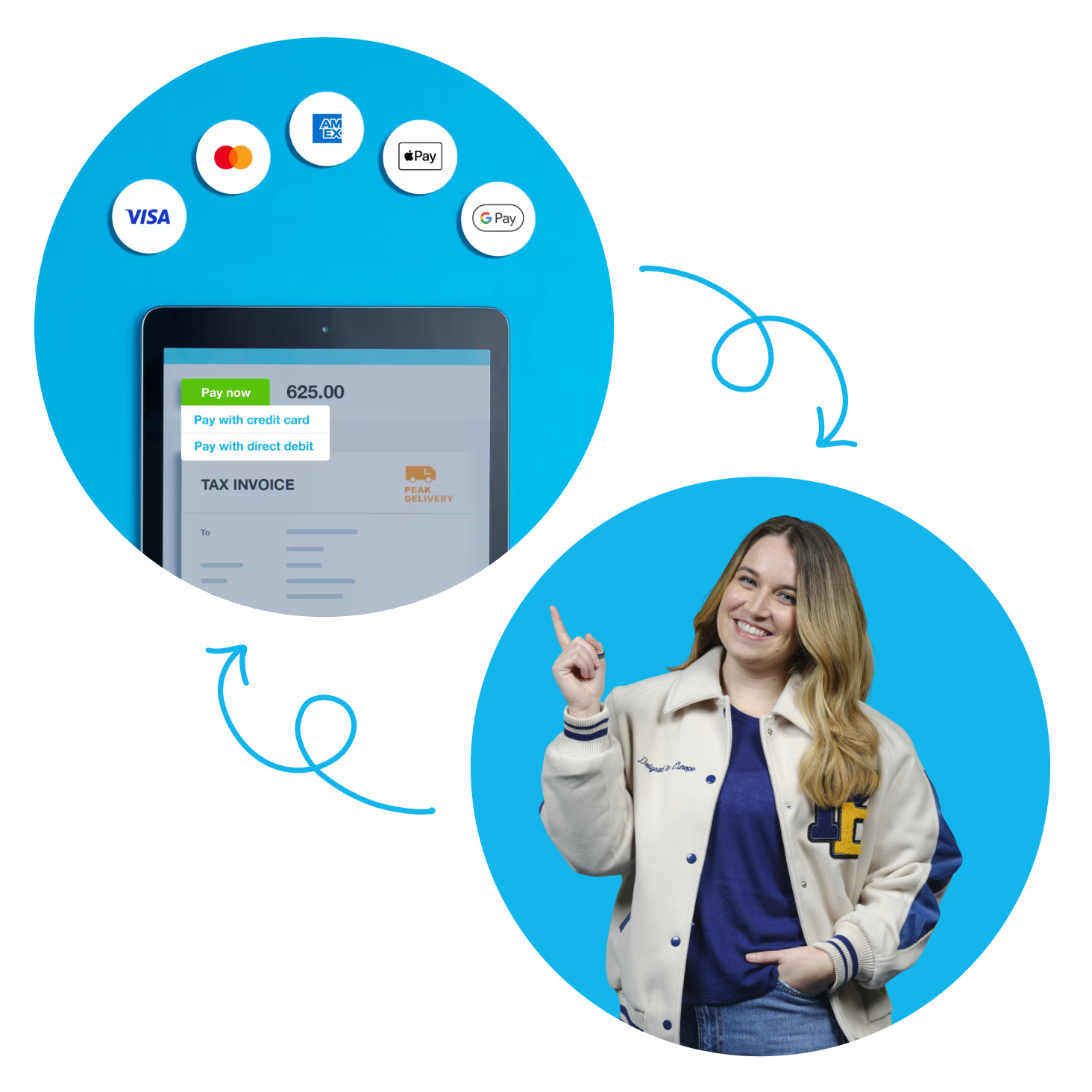 A business owner uses Xero to receive payments online for invoices with Xero’s ‘pay with credit or debit card’ feature.
