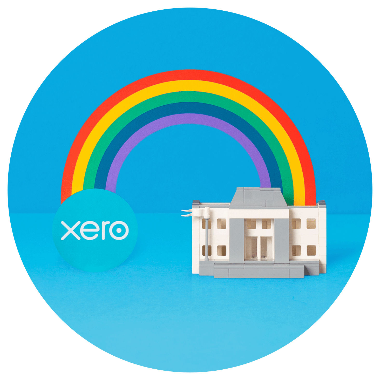 An arching rainbow connects Xero project accounting to a bank.