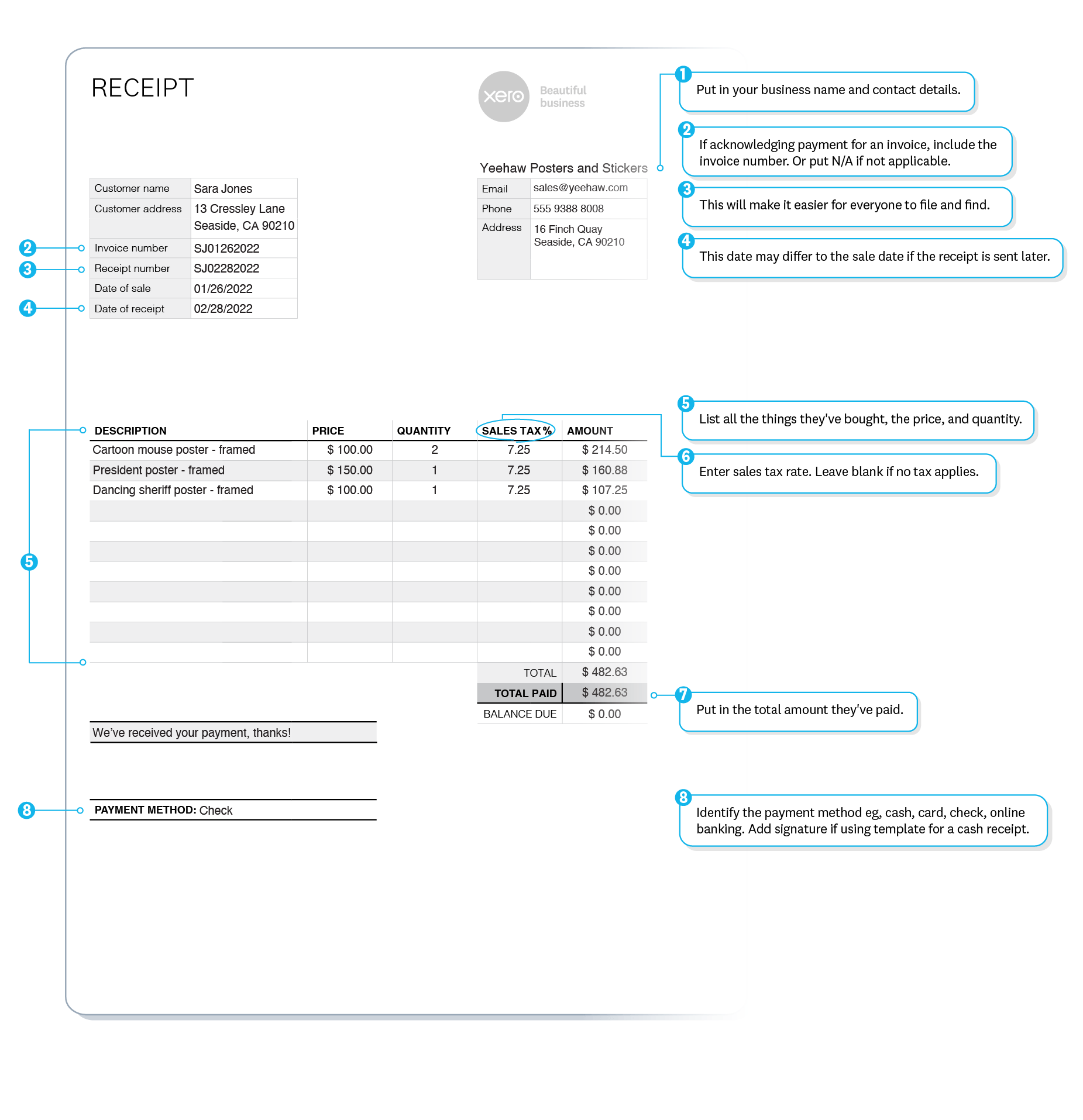 Receipt example shows supplier name, contact details, customer name, receipt number, details of purchase and payment date.