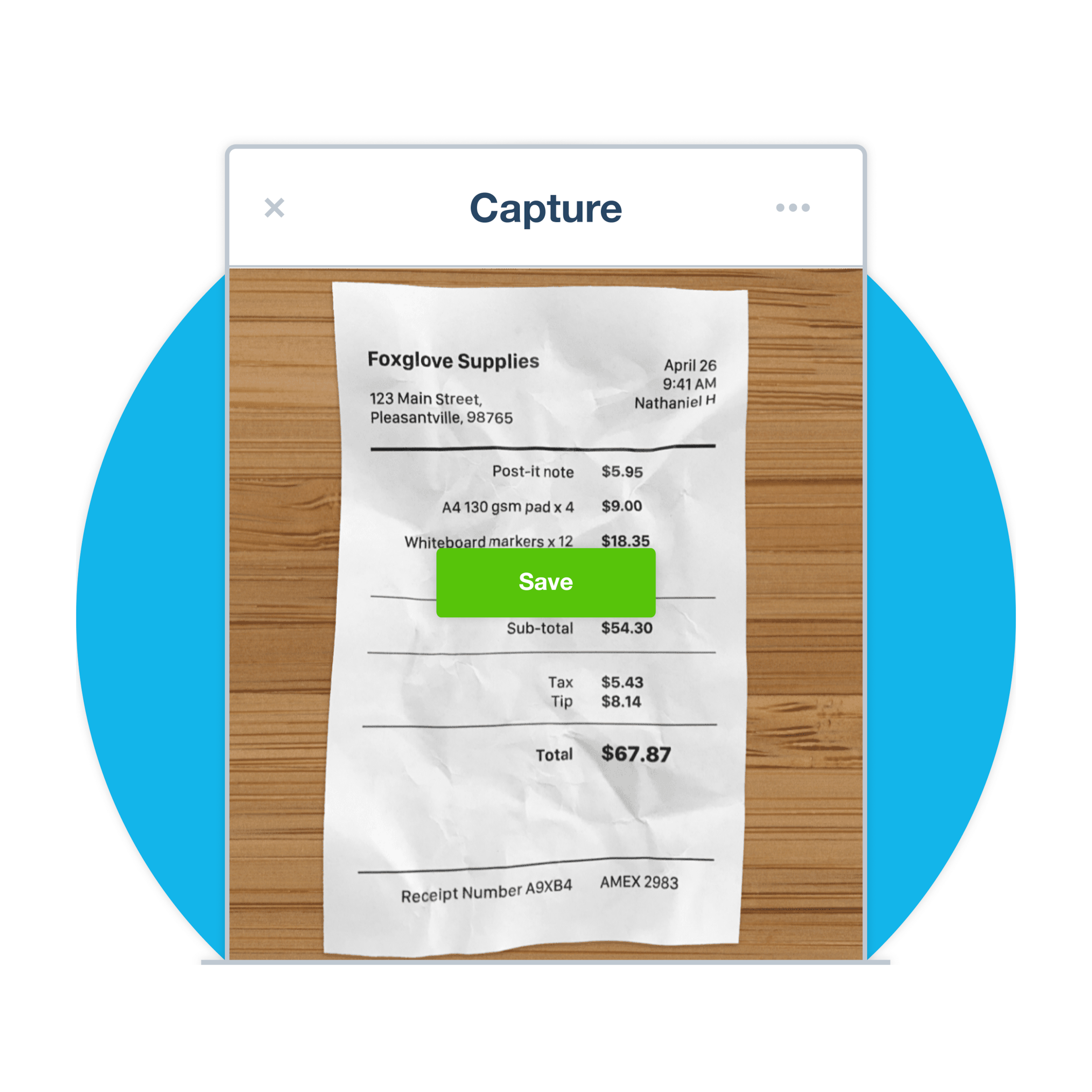 The Xero receipt scanner app shows the ‘Save’ [US: “Save”] button of the capture feature. 
