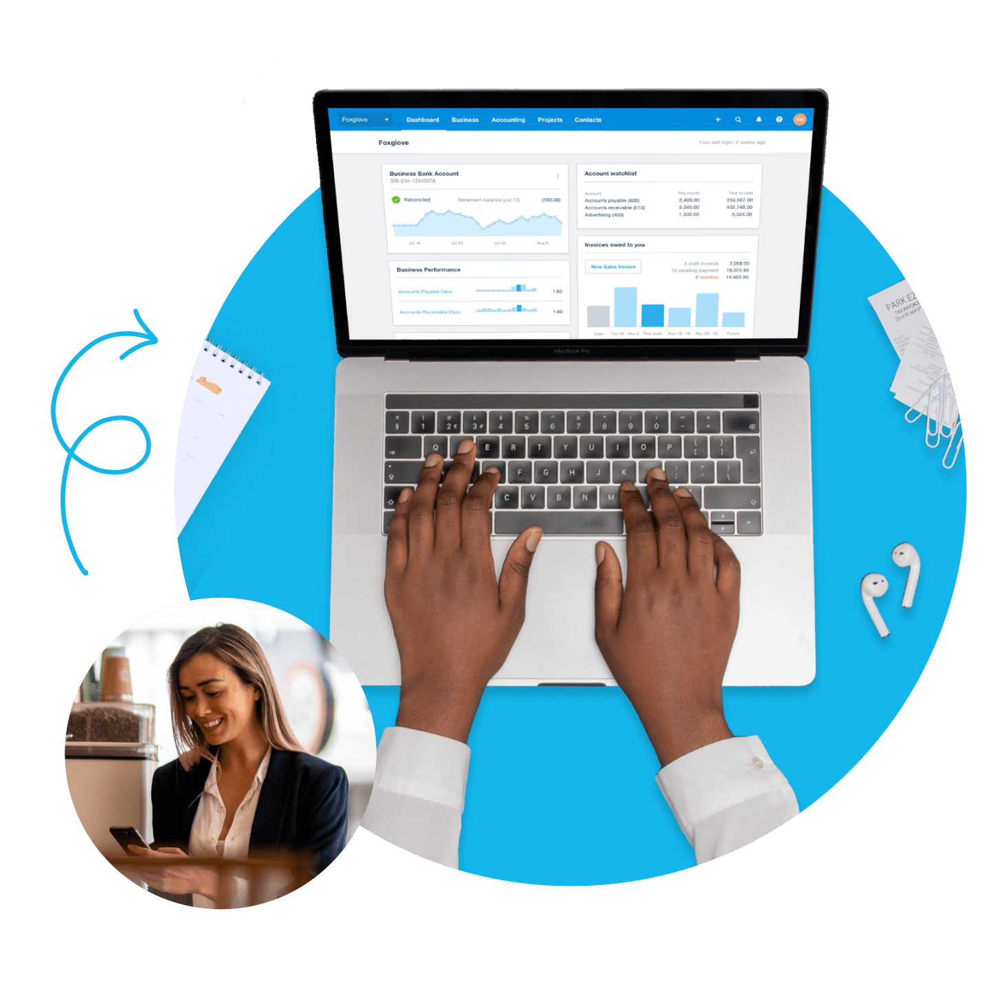 An open laptop displaying an accounting dashboard on a desk.