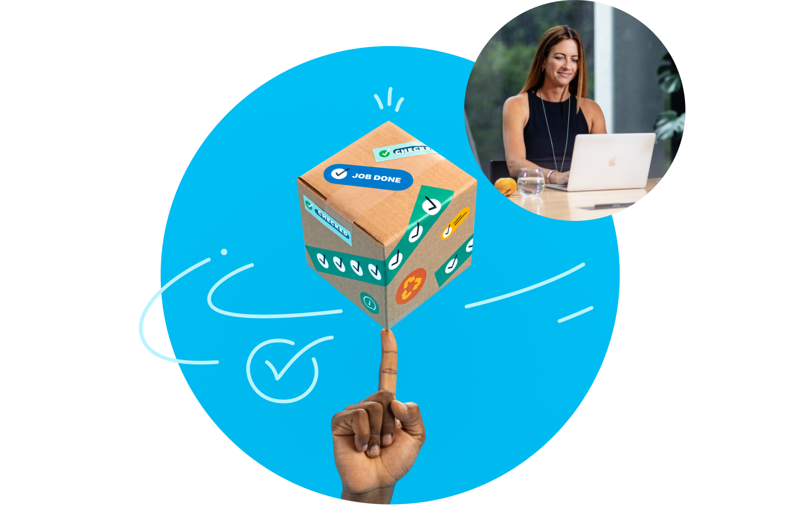 A large cardboard box pivots and twirls on a fingertip. 