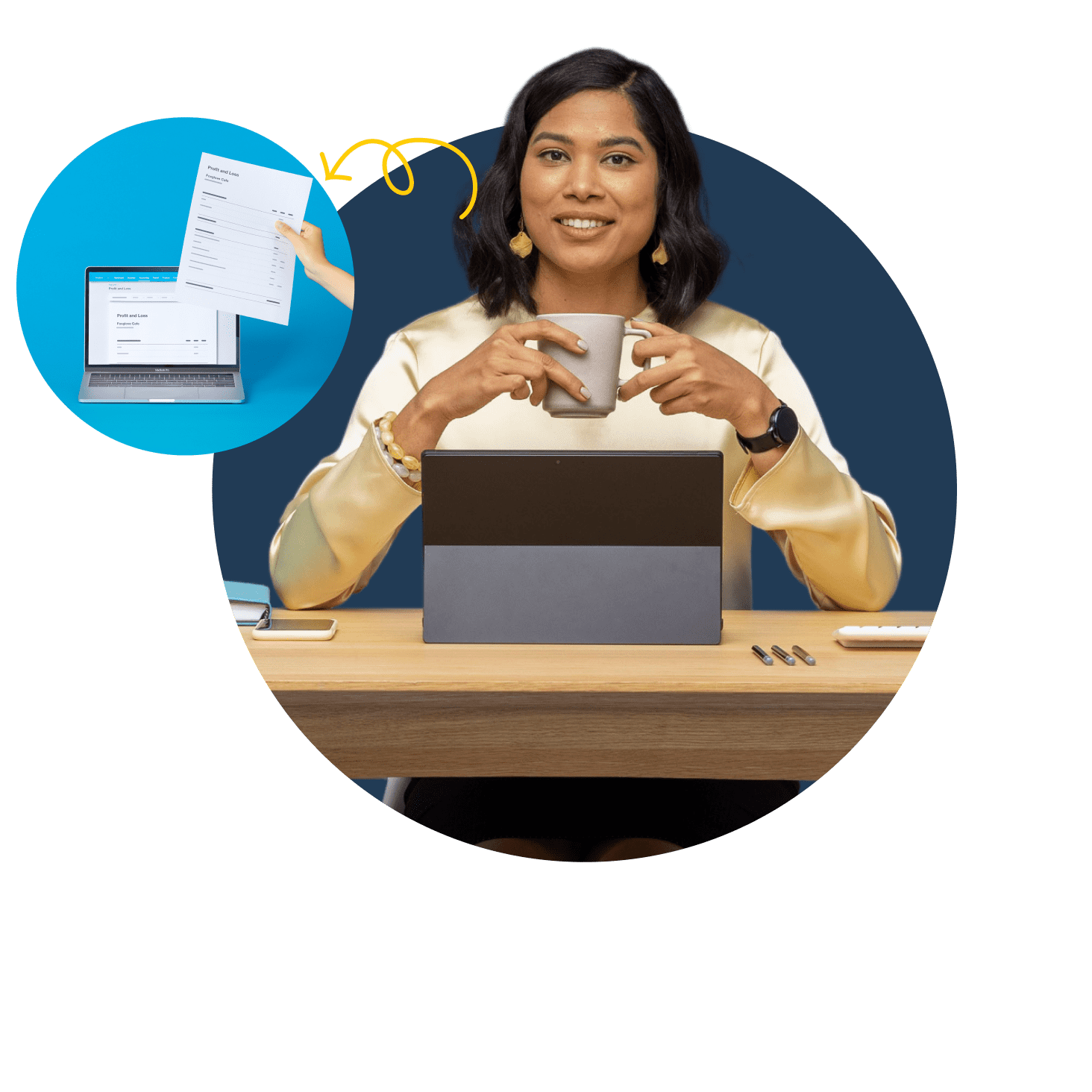 A woman sitting at her desk with a cup. A blue circle with a document coming out of the laptop.