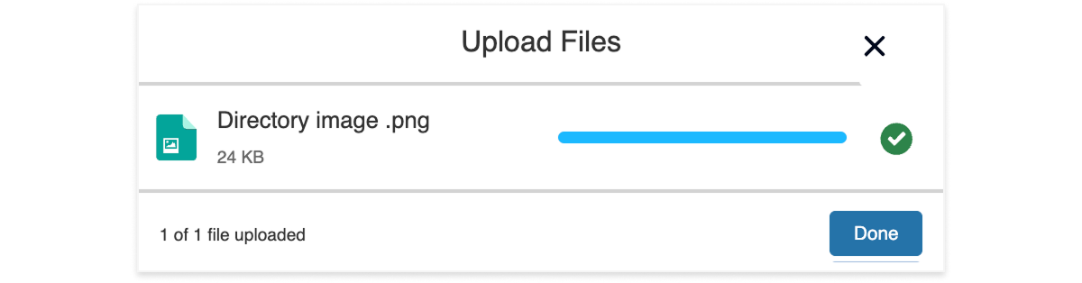 The upload files window shows that an image has been successfully uploaded.
