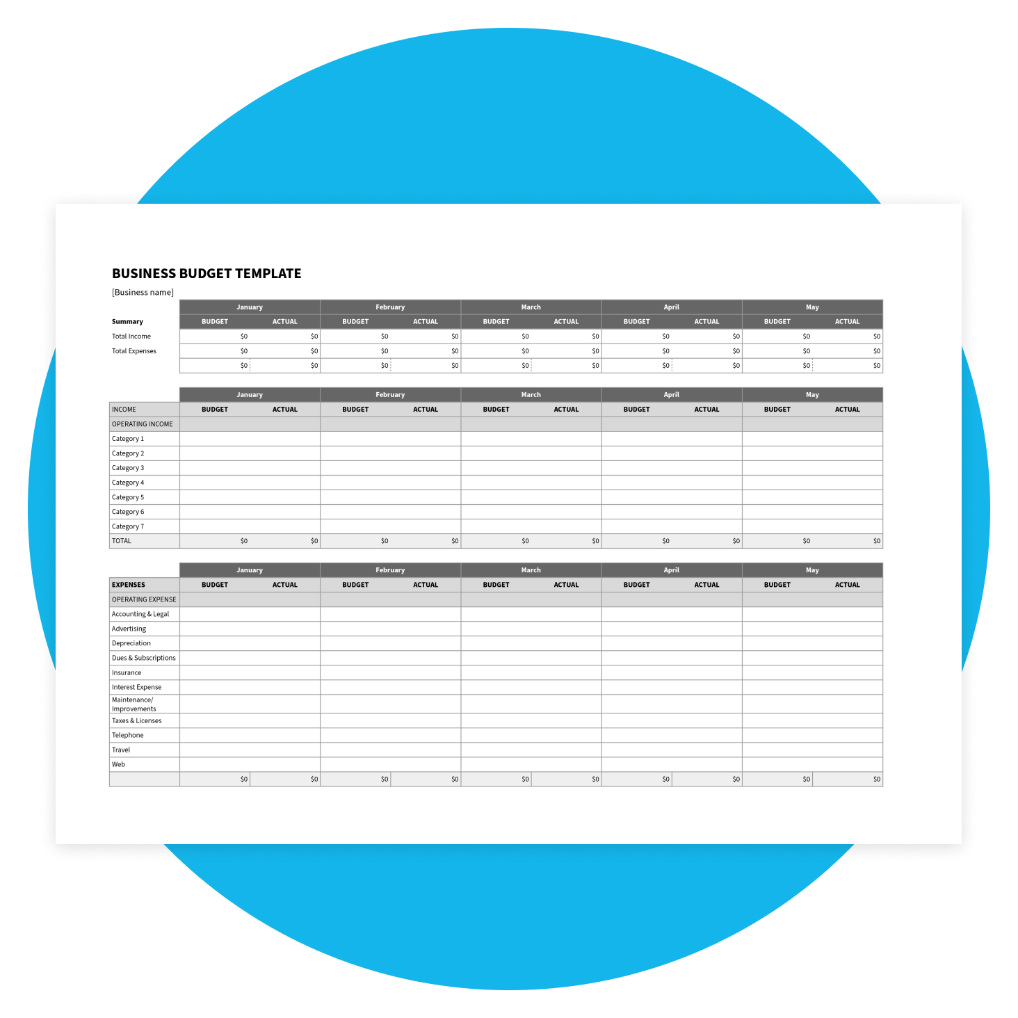 A blank budget template with fields for users to fill out.