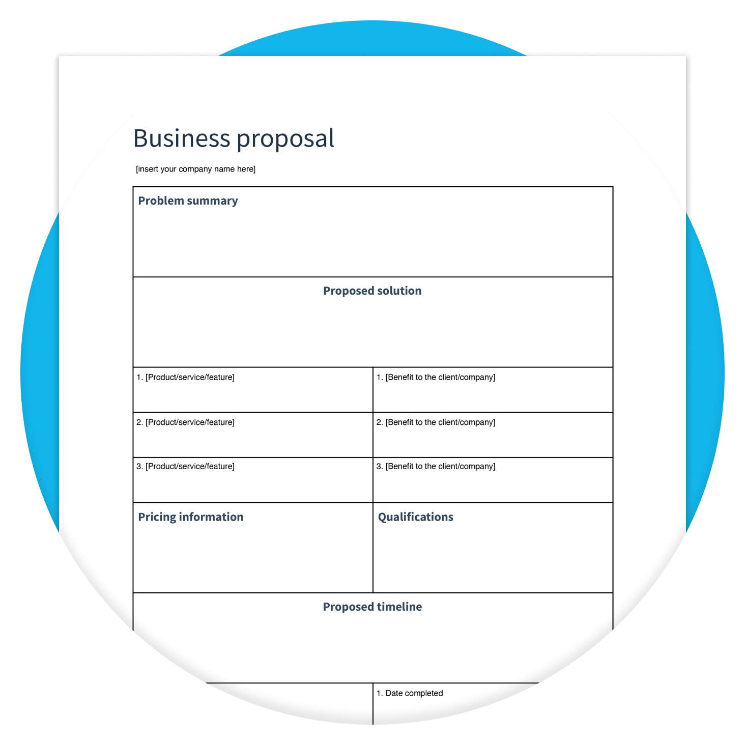 A blank business proposal template with fields for users to fill out.