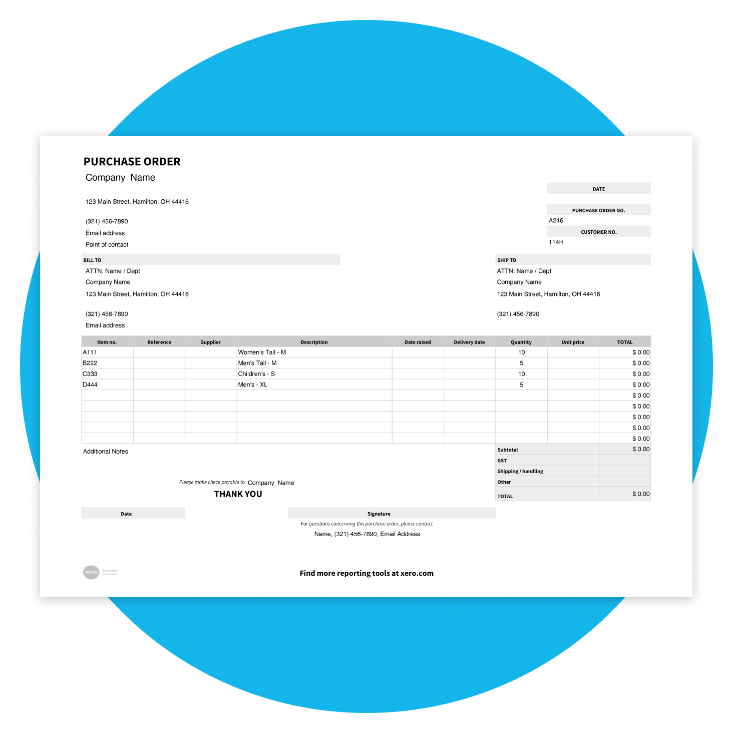 A blank purchase order template with fields for users to fill out.