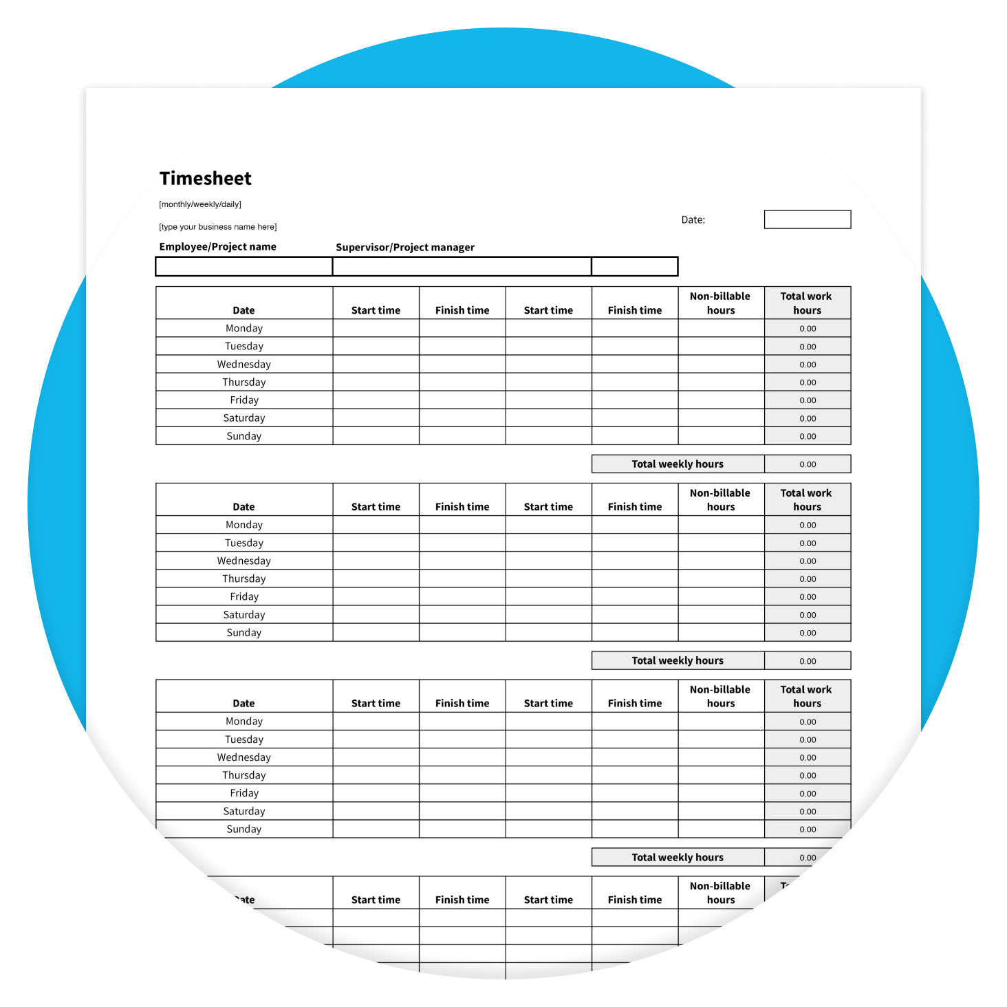 A blank timesheet template with fields for users to fill out.